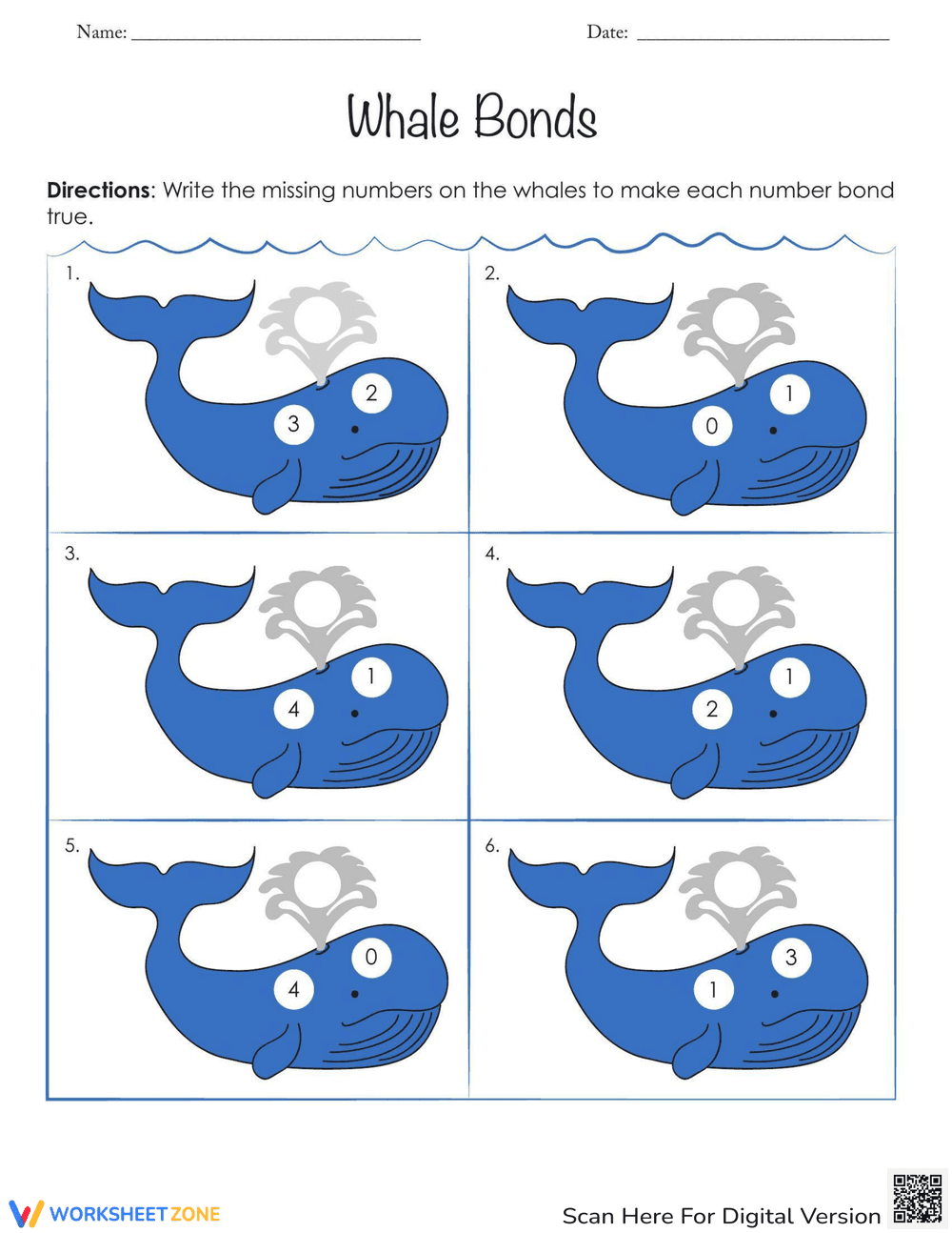 Whale Bonds Number Bonds Worksheet - Page 1