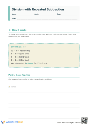 Division with Repeated Subtraction Worksheet: Grade 3 Printable