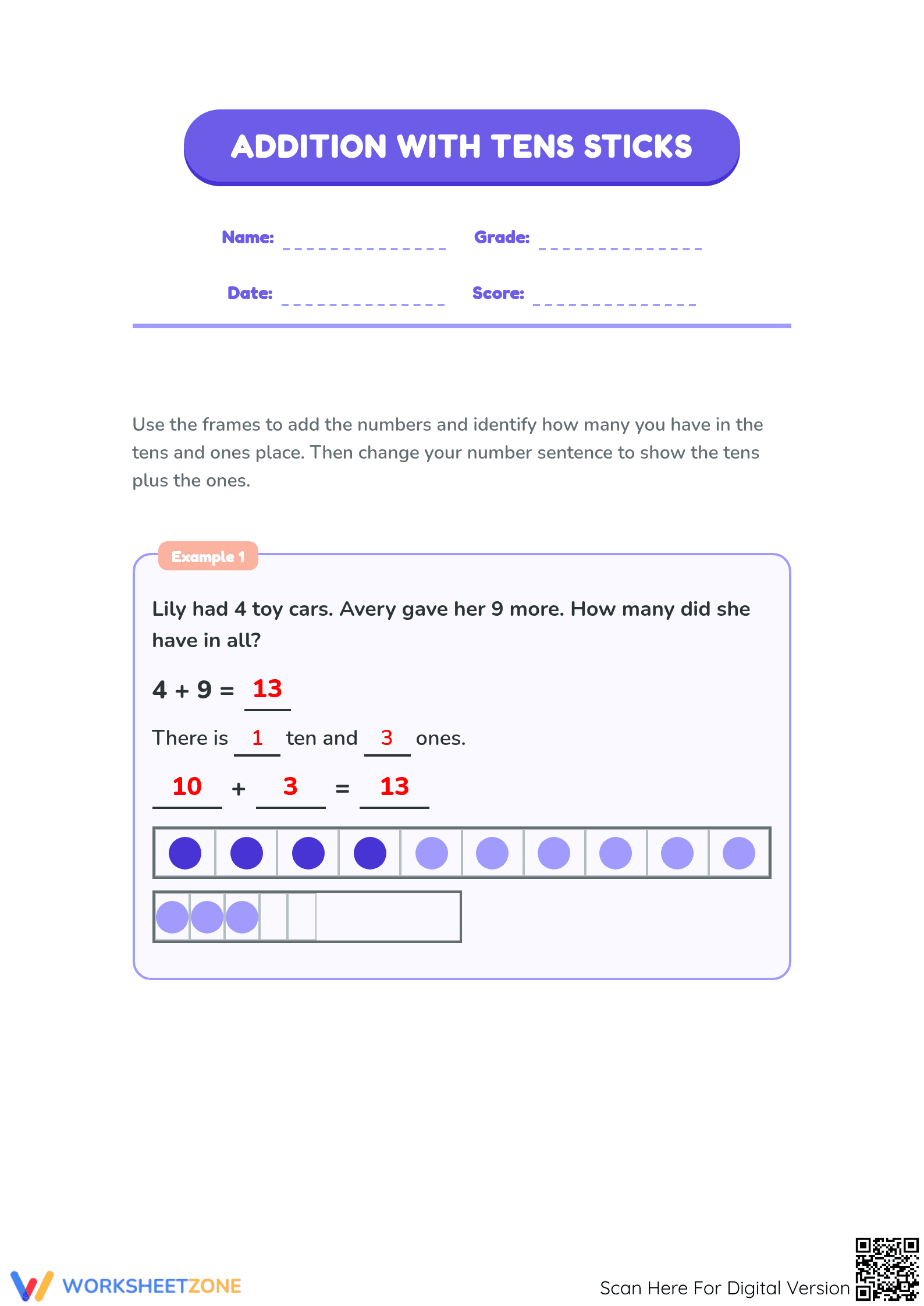 Printable Addition with Tens Sticks Worksheet | Grade 1 - Page 1