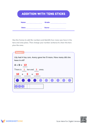 Printable Addition with Tens Sticks Worksheet | Grade 1