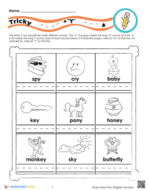 Printable Tricky Y Phonics Worksheet | Grade 2-3