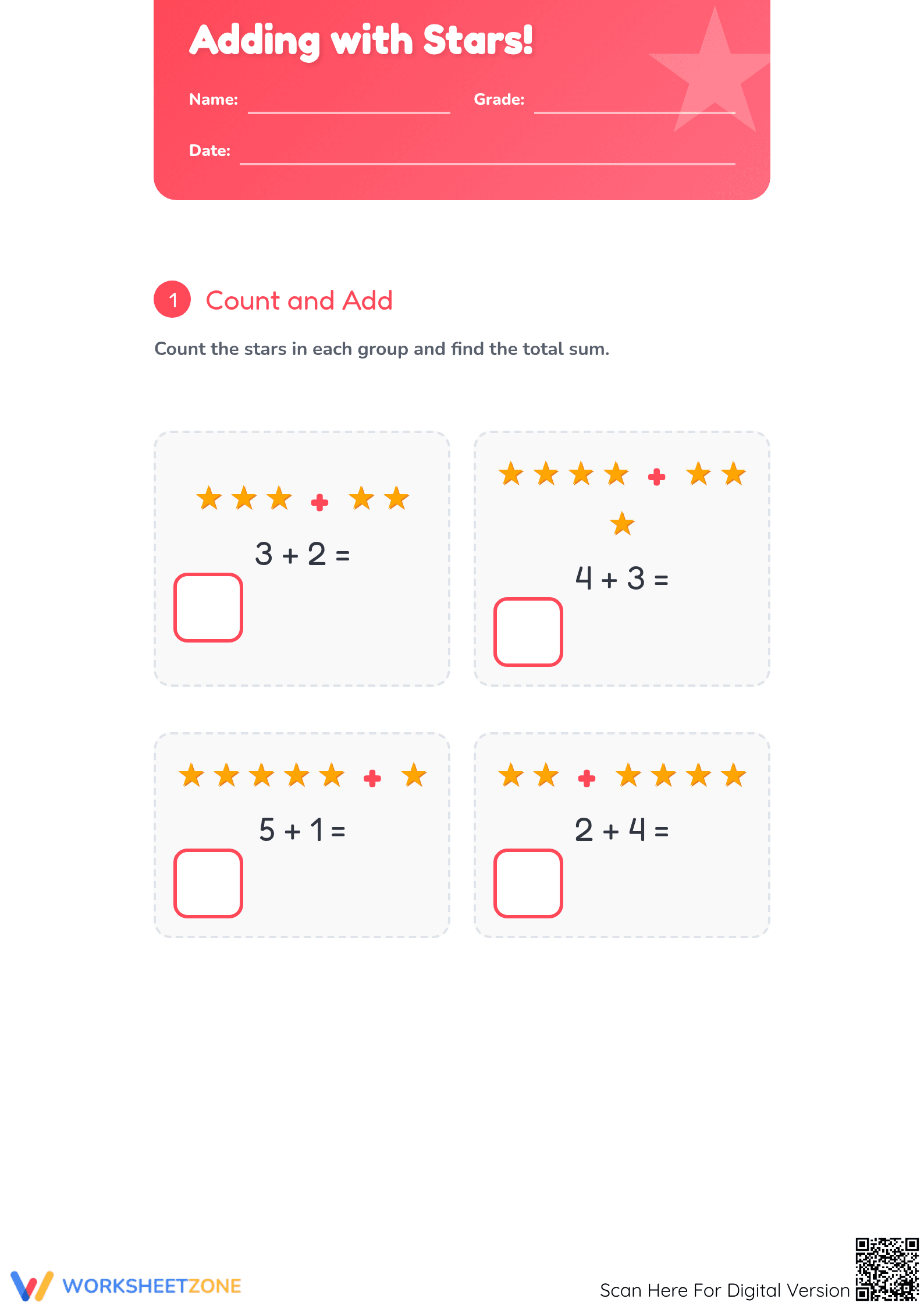 Essential Addition with Stars Worksheet | Grade 1 Math - Page 1