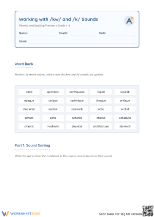 Grade 4 /k/ and /kw/ Phonics — Printable No-Prep Worksheet