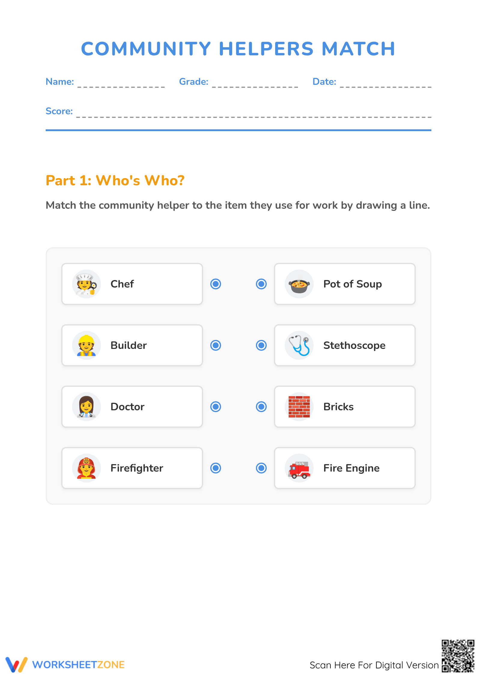 Printable Community Helpers Matching Worksheet | Grade 1-2 - Page 1