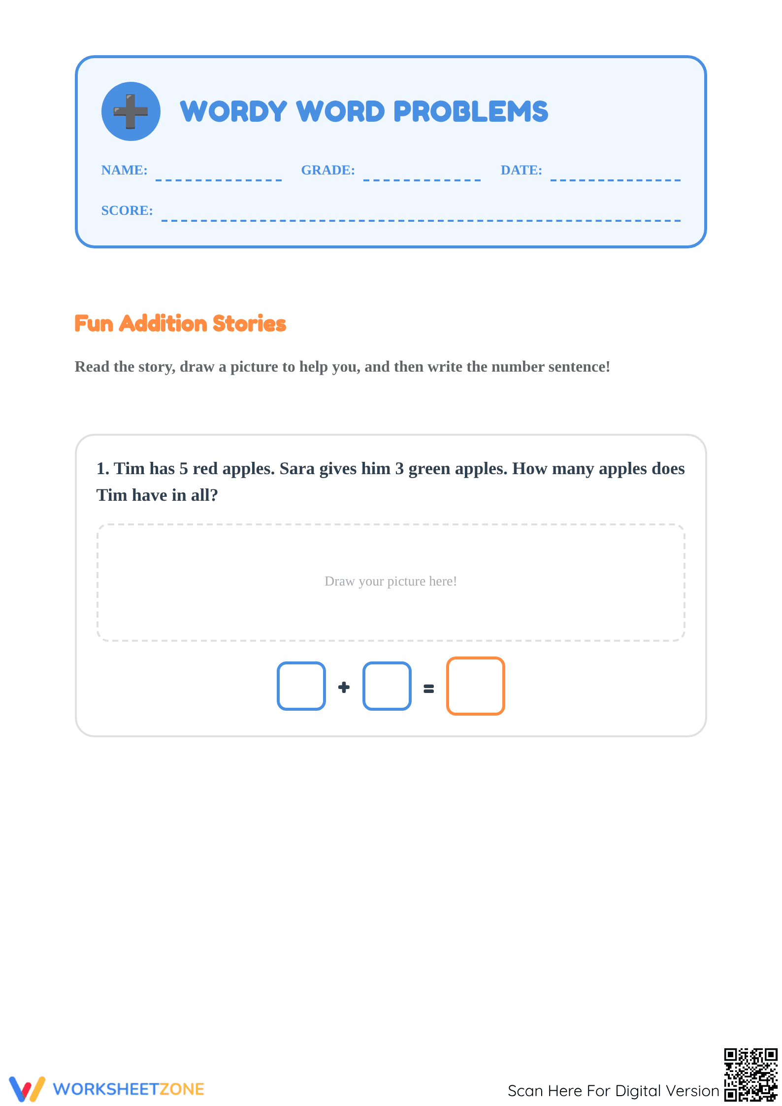 Grade 1 Addition Word Problems — Printable No-Prep Worksheet - Page 1