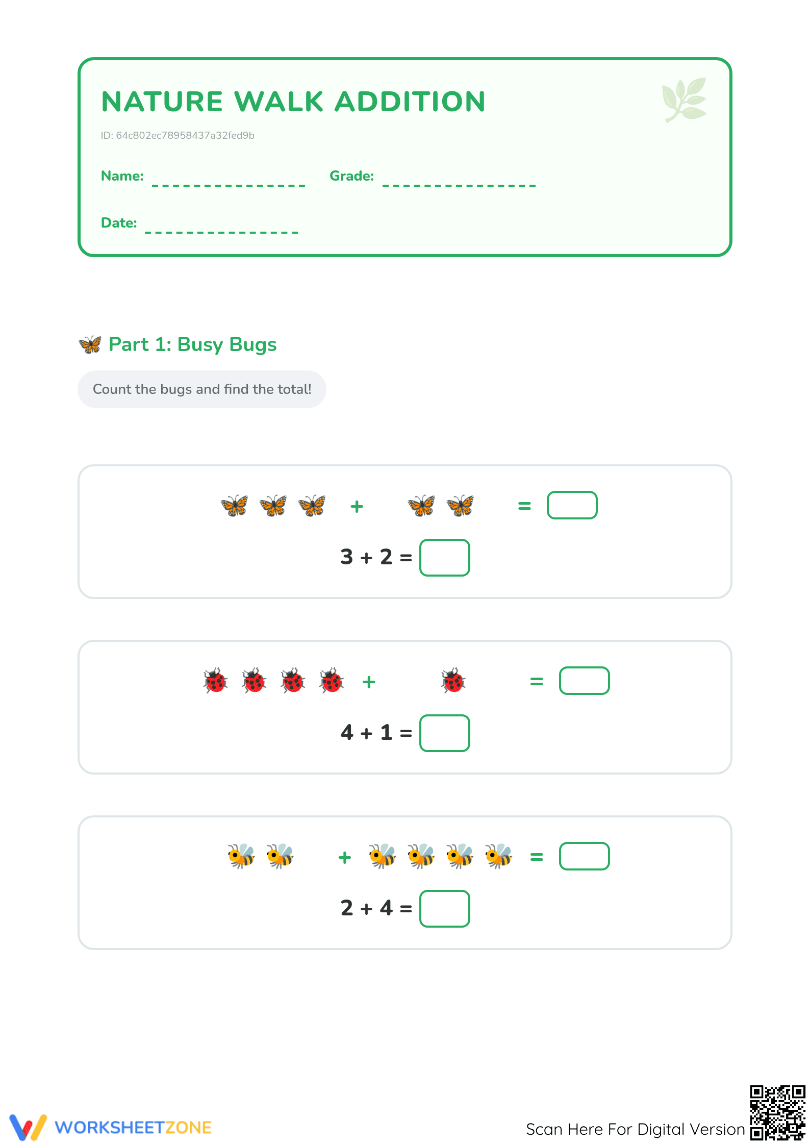 Grade 1 Nature Addition — Printable No-Prep Worksheet - Page 1