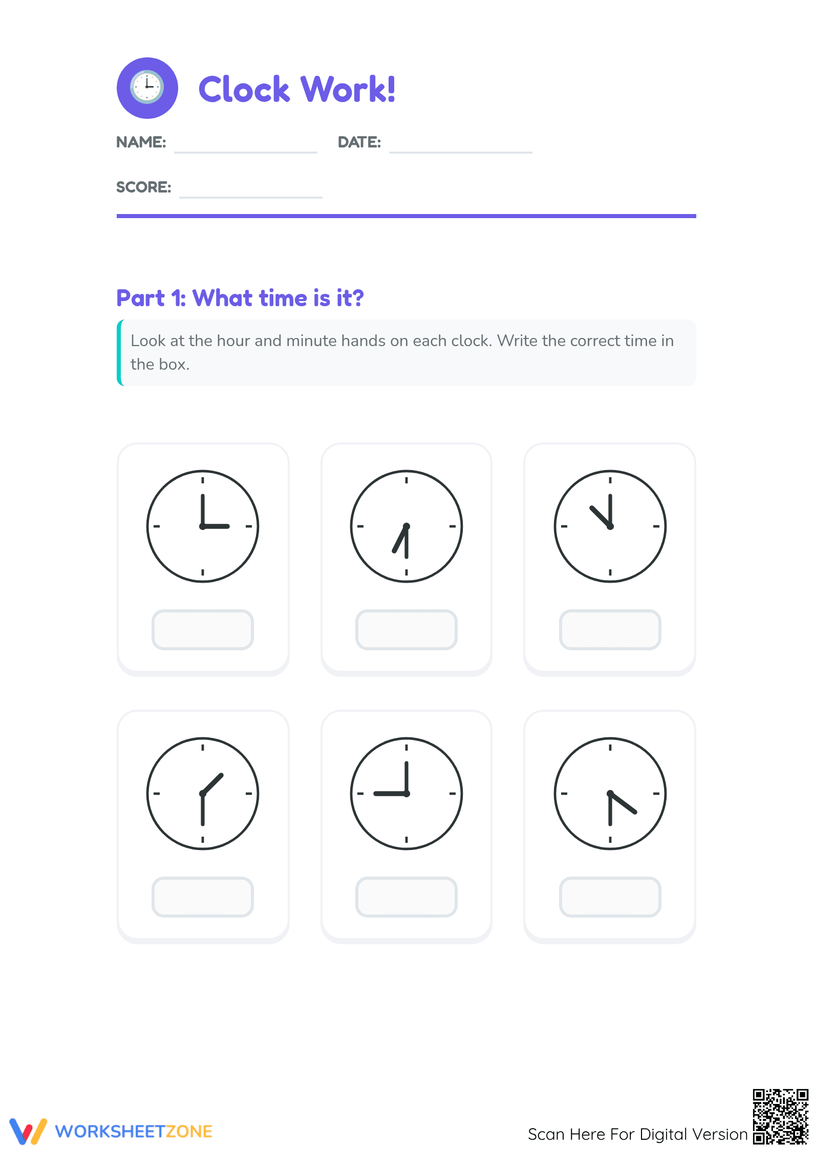 2.MD.C.7 Worksheet: Telling Time — Grade 2 Aligned - Page 1