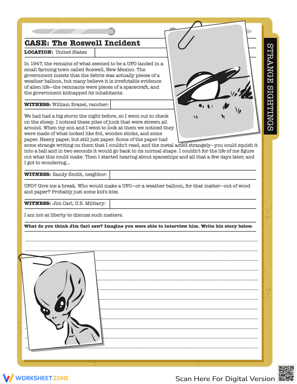 Reading Comprehension: Roswell Story Worksheet - Page 1