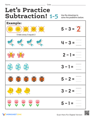 Subtract 1-5 Worksheet: Basic Math Practice