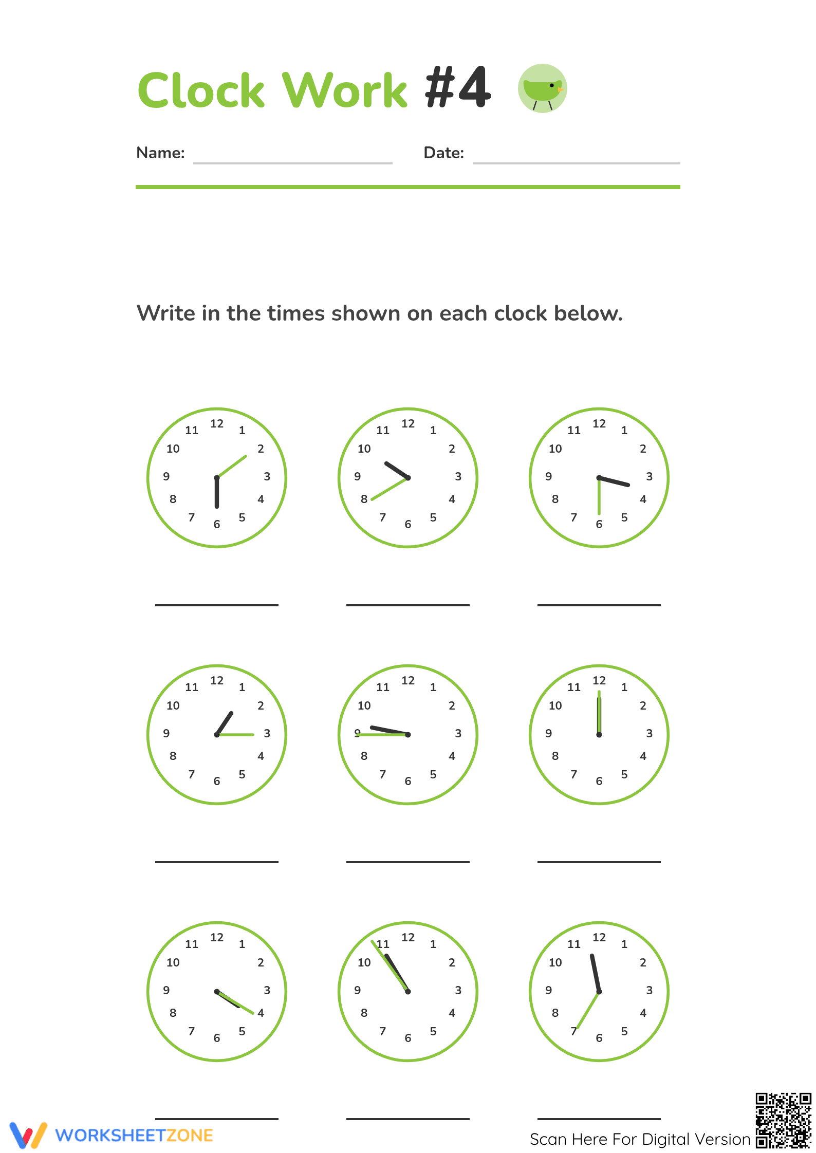 Printable Telling Time to 5 Minutes Worksheet | Grade 2 - Page 1