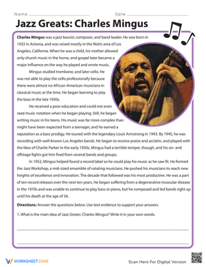 Printable Charles Mingus Reading Comprehension Grade 5