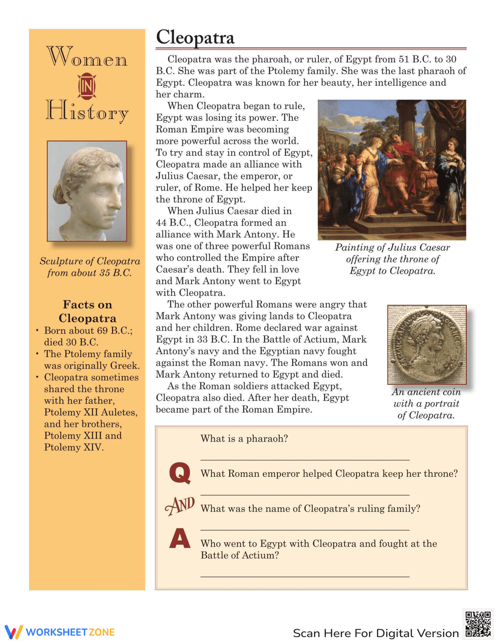 Learn About Cleopatra Worksheet - Page 1