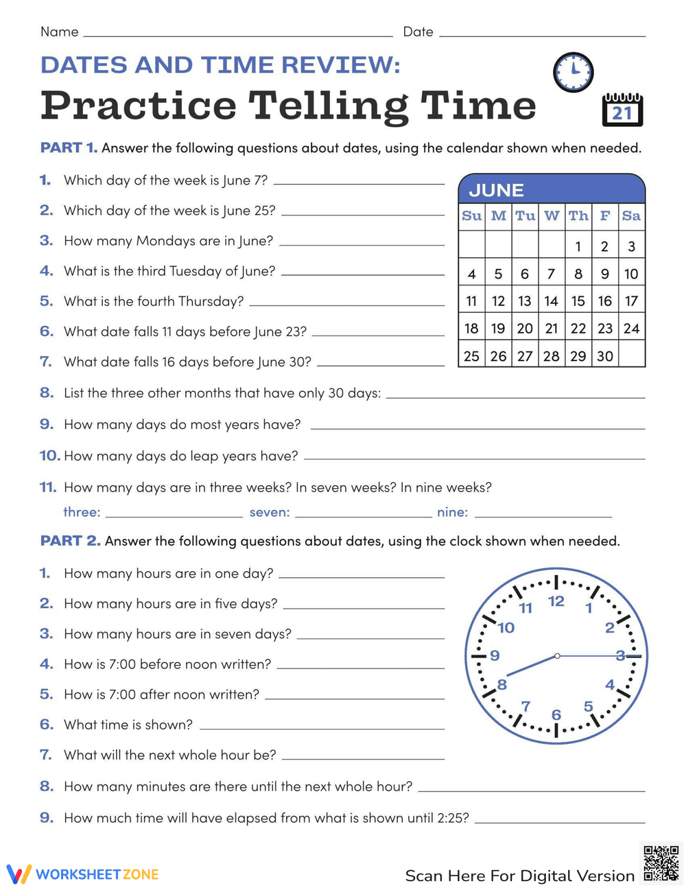 Time Review Worksheet - Page 1