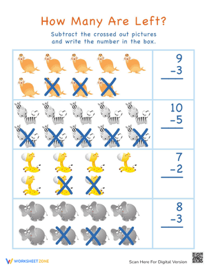 Animals Left: Subtraction Worksheet