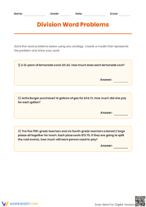 Printable Grade 5 Division Word Problems Worksheet