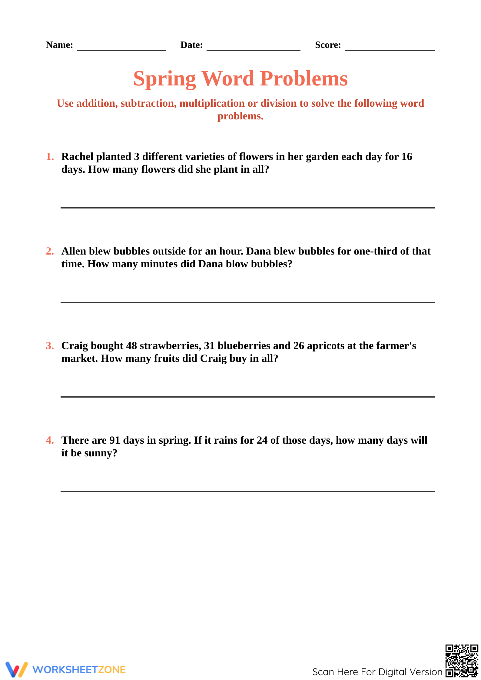 Spring Word Problems Worksheet: Grade 4 Printable Essential - Page 1