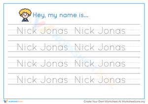 Printable Name Tracing Practice: Nick Jonas Worksheet
