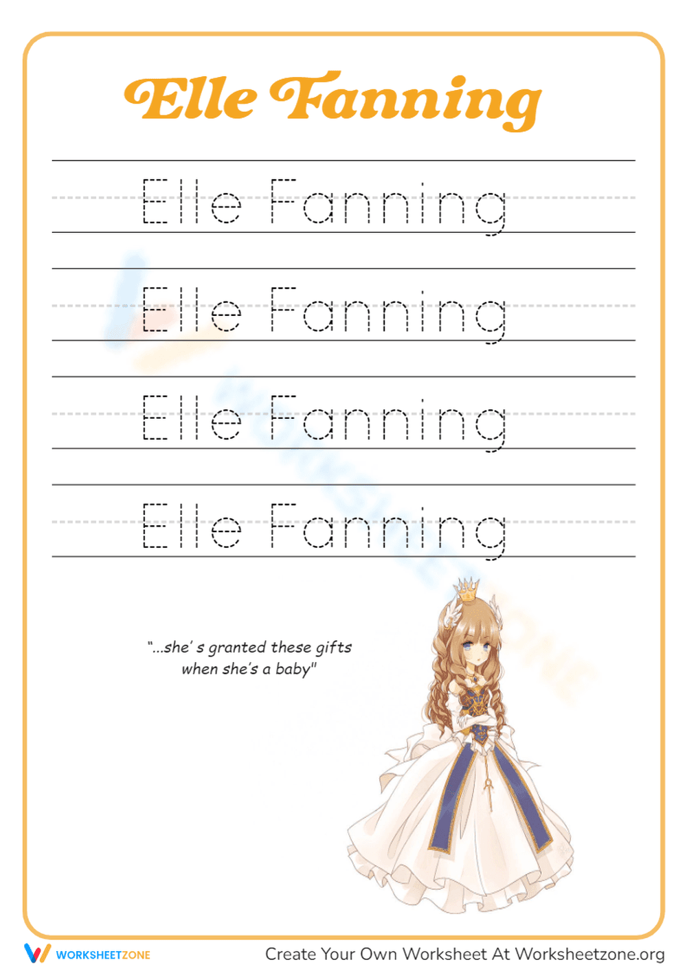 Handwriting Practice Tracing Name: Elle Fanning  - Page 1