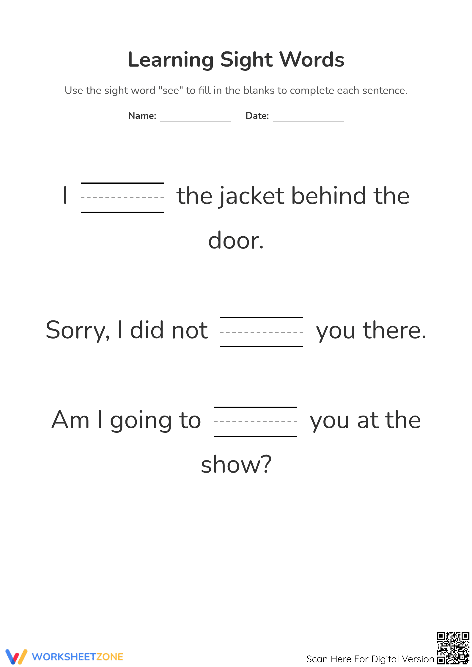 Learning Sight Words: "See" | Essential Grade K Worksheet - Page 1