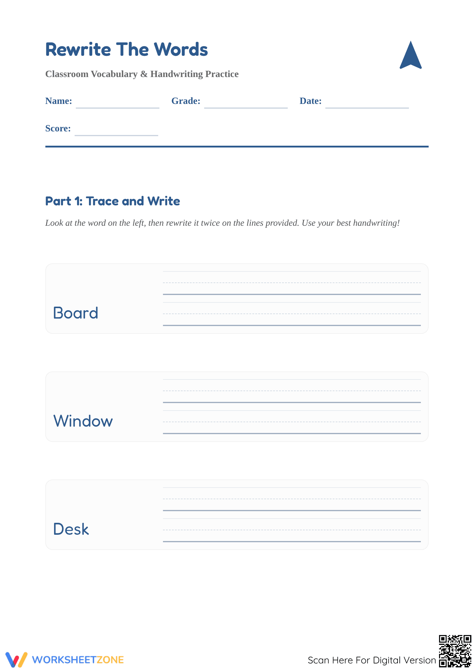 Printable Classroom Vocabulary Handwriting | Grade 2-3 - Page 1