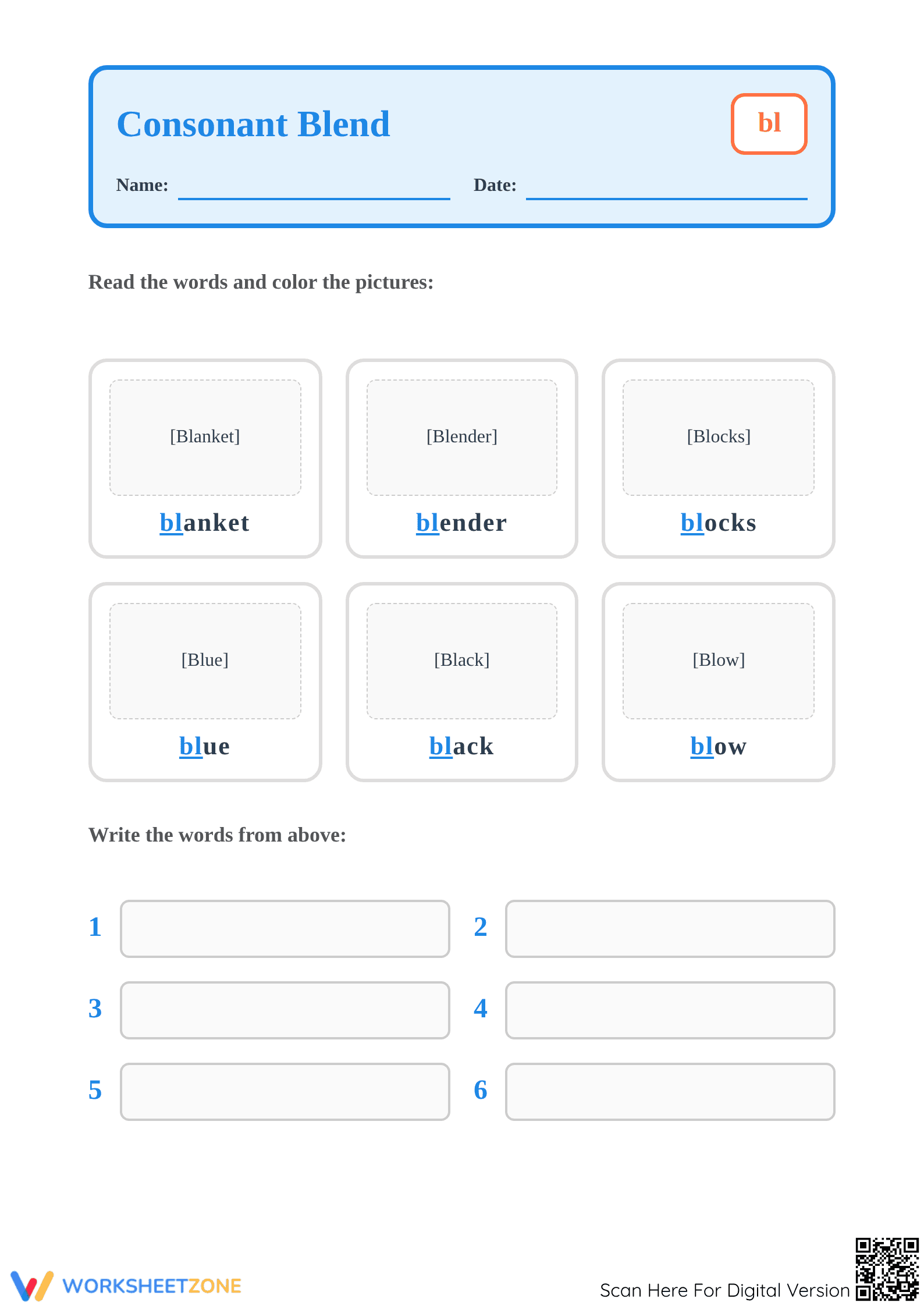 Grade 1 Consonant Blend "bl" — Printable No-Prep Worksheet - Page 1