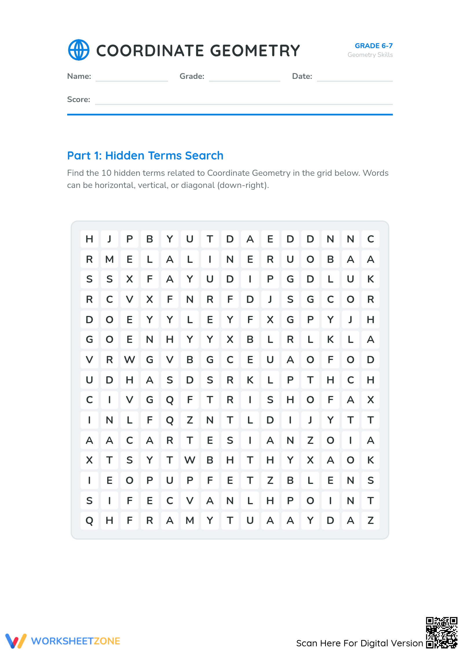 Printable Coordinate Geometry Word Search — Grade 6 & 7 - Page 1