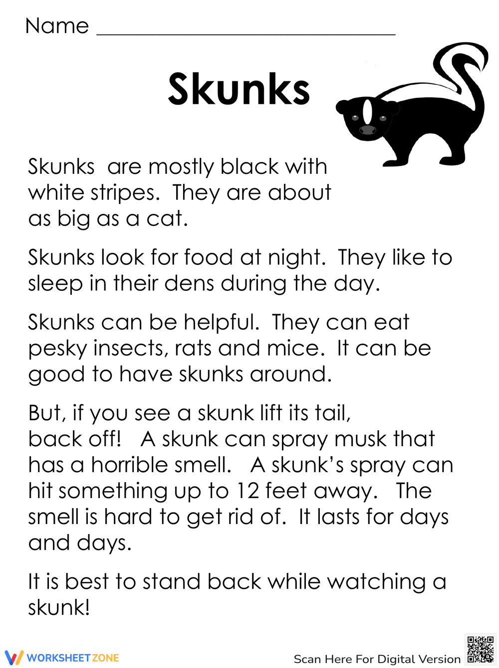 Learning About Skunks: A Wildlife Worksheet for Kids - Page 1