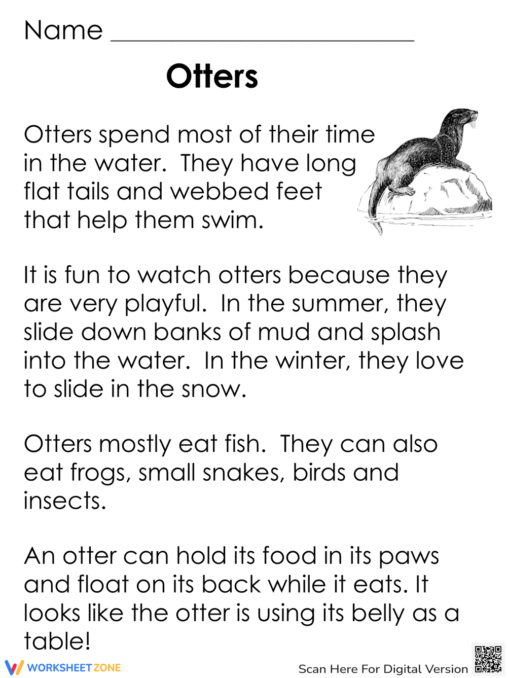 All About Otters: Reading Comprehension Worksheet - Page 1