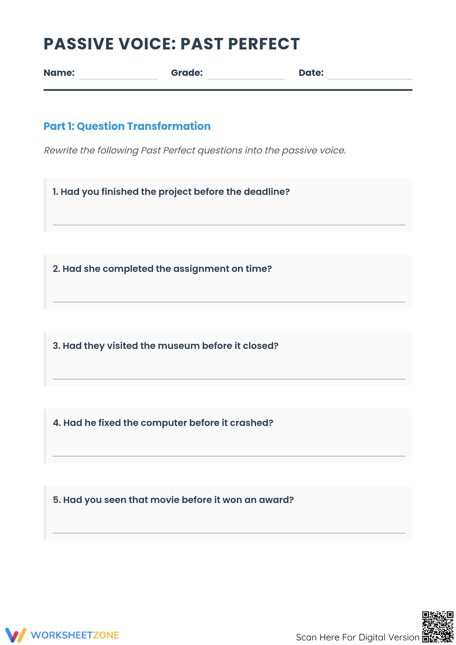Passive Voice Questions Worksheet | Grade 6 ELA Printable - Page 1