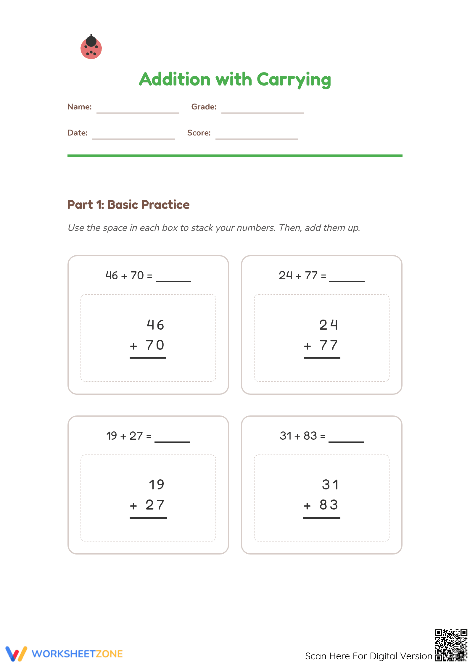 Addition with Carrying Worksheet | Essential Grade 2 Math - Page 1