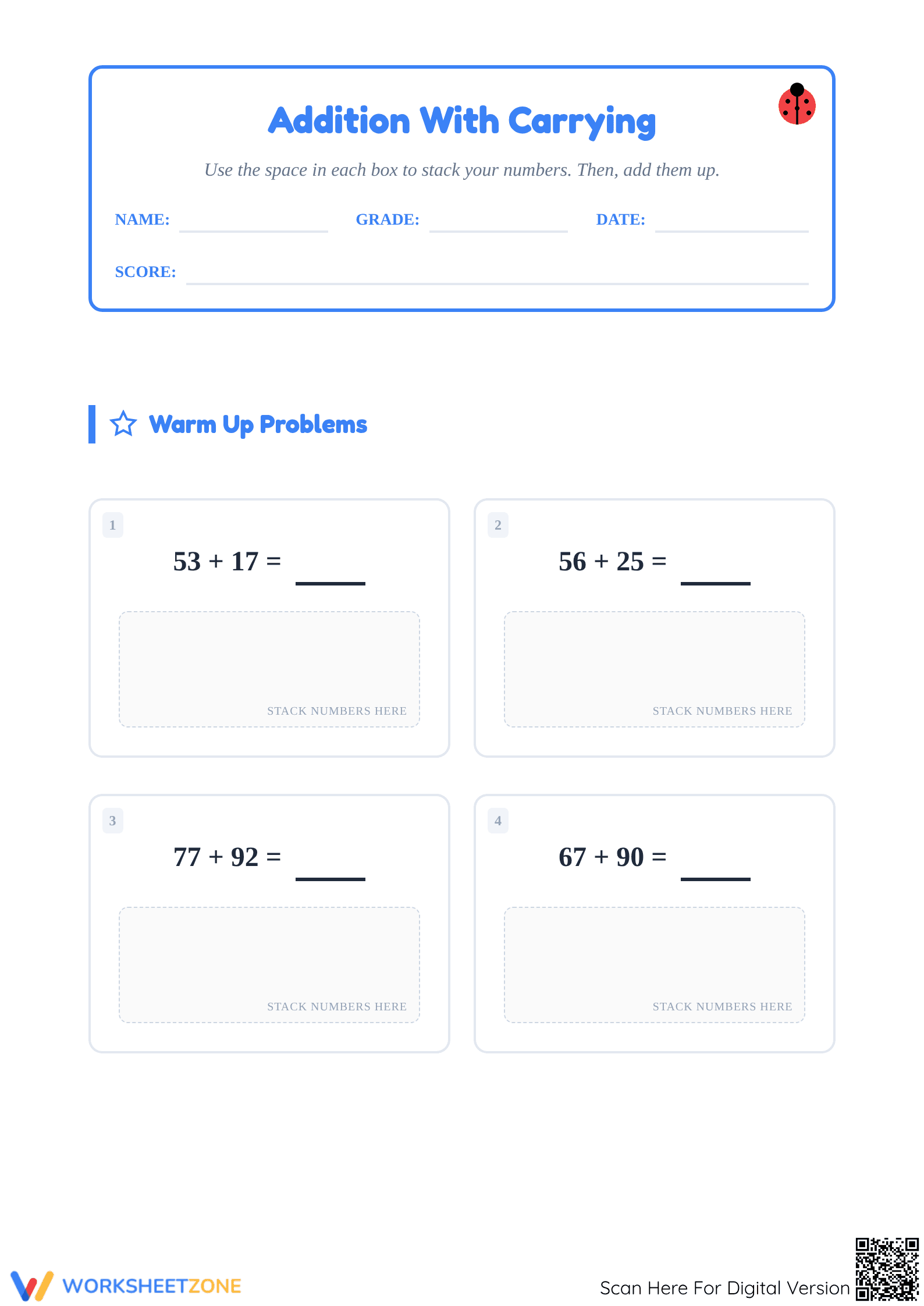 Printable 2-Digit Addition with Carrying Worksheet | Grade 2 - Page 1