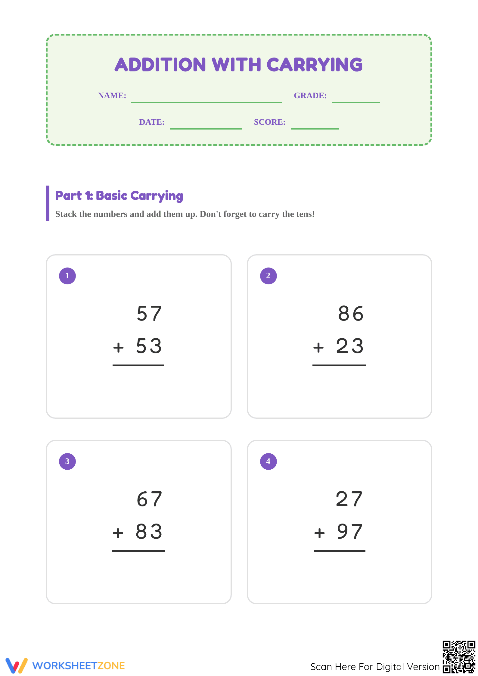 Printable 2-Digit Addition with Carrying Worksheet | Grade 2 - Page 1