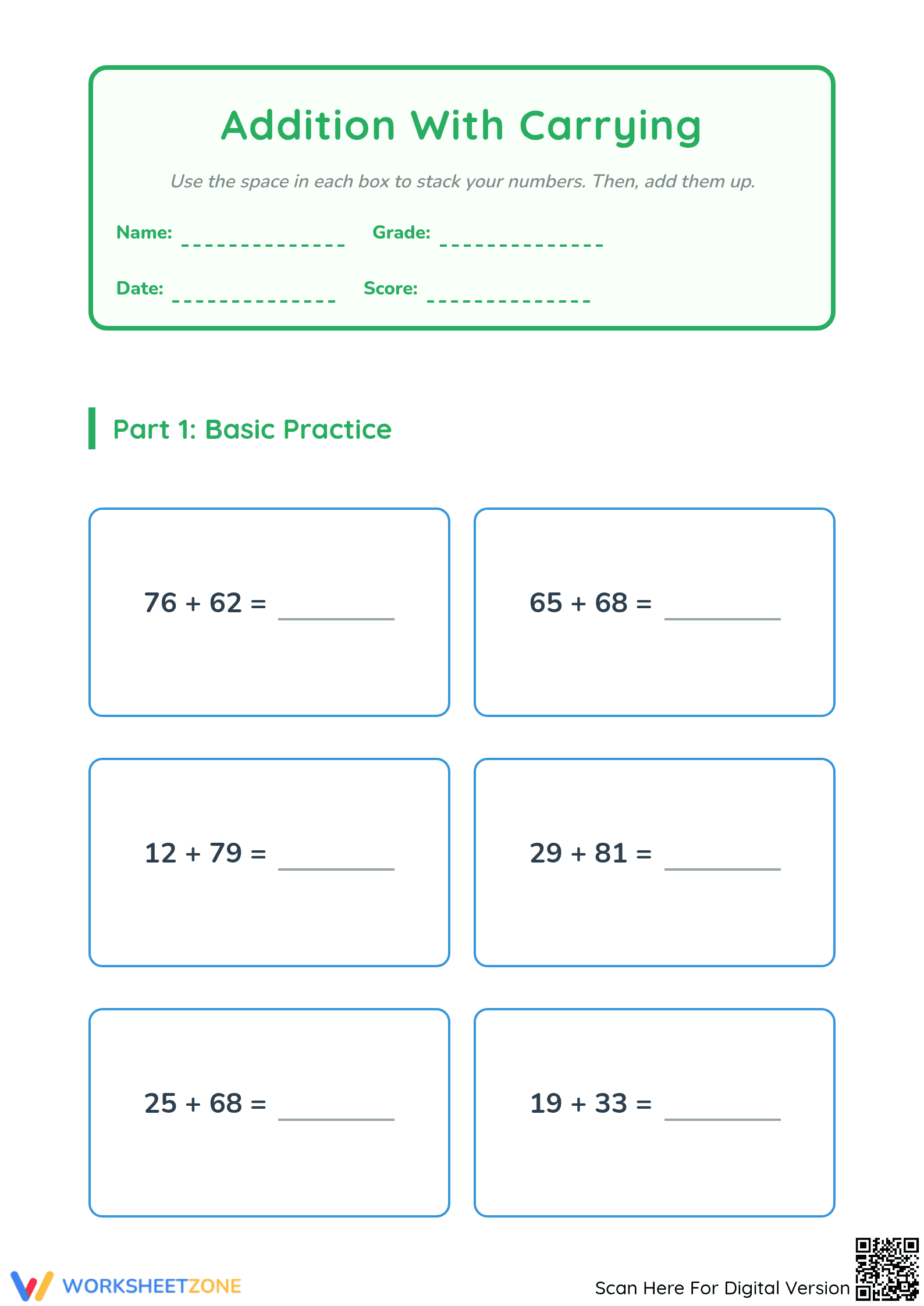 Grade 2 Addition with Carrying Printable Essential Practice - Page 1