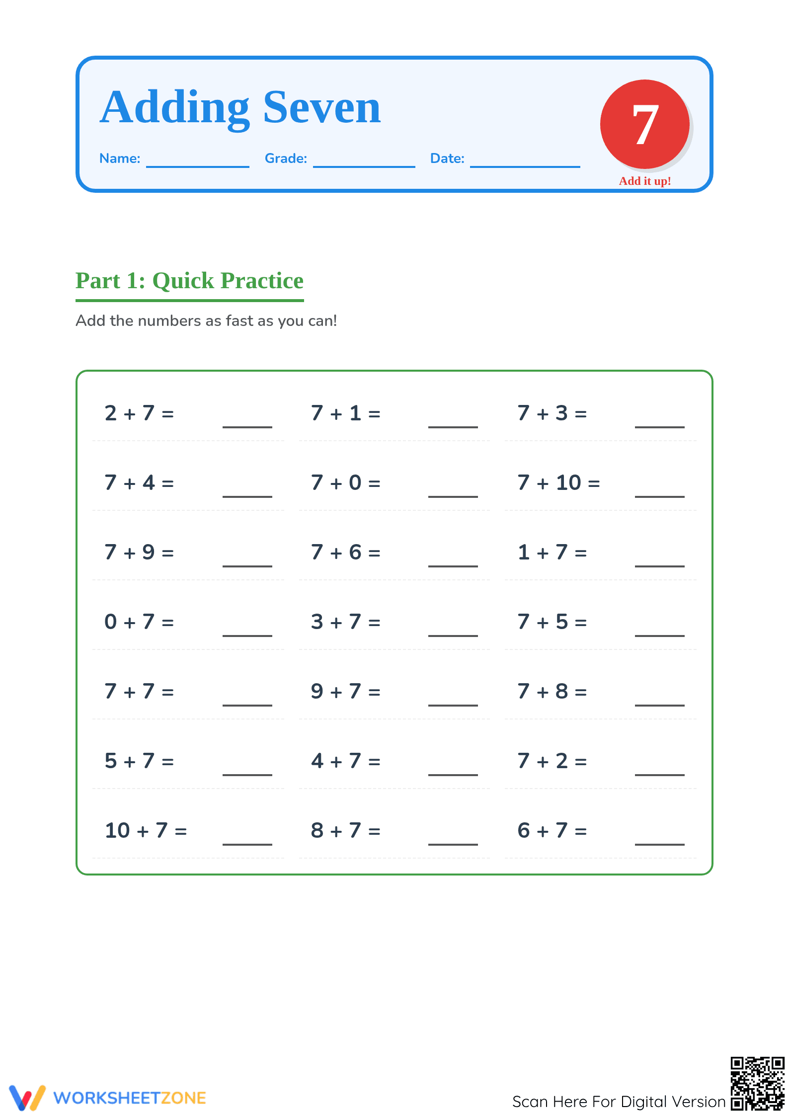 Adding Seven Worksheet | Grade 1 Printable Math Aligned - Page 1