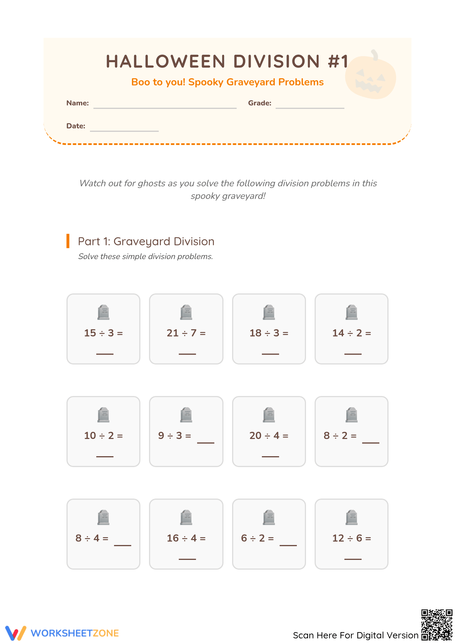 Grade 4 Halloween Division — Printable No-Prep Worksheet - Page 1