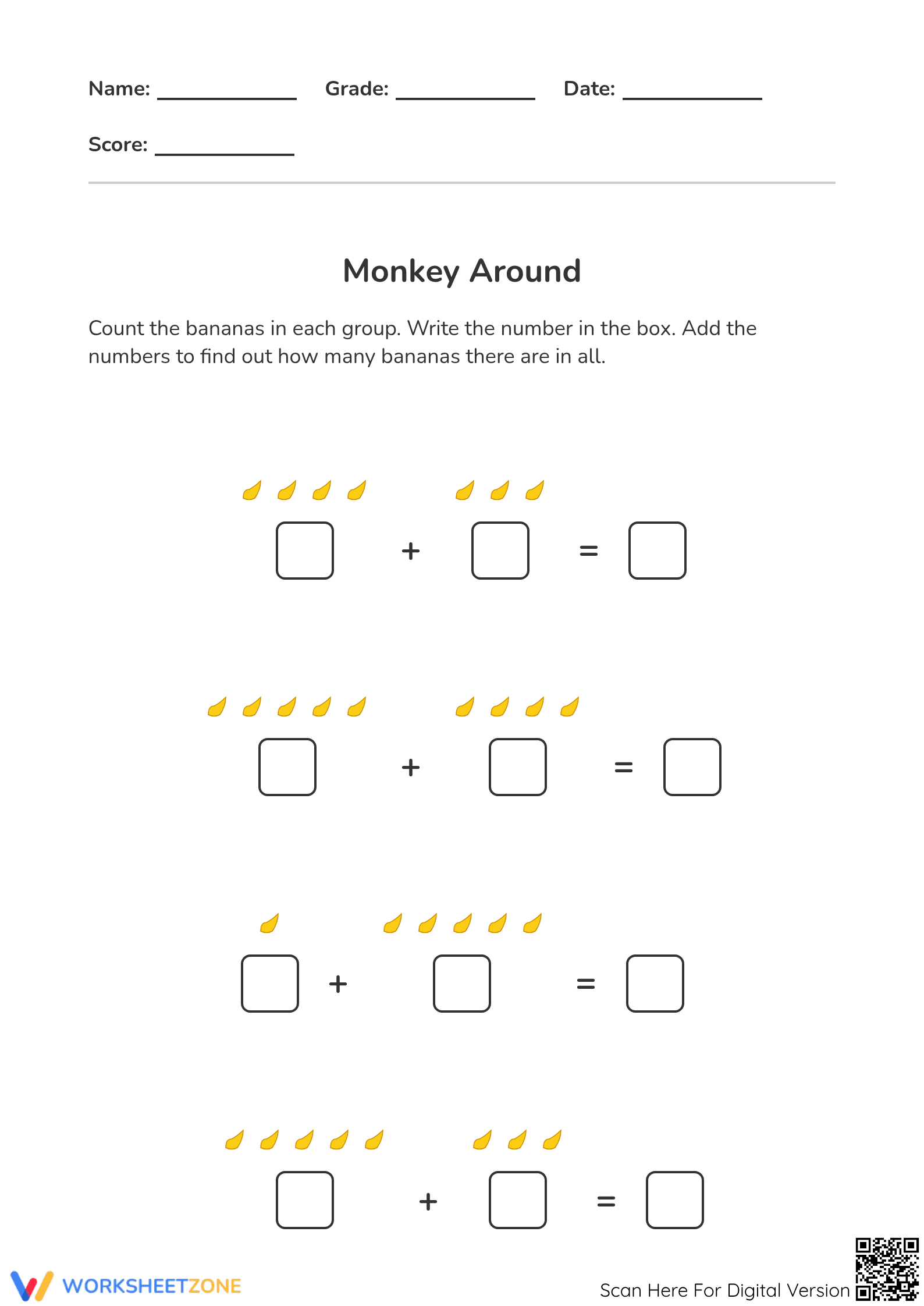 Grade 1 Addition Within 10 — Printable No-Prep Worksheet - Page 1