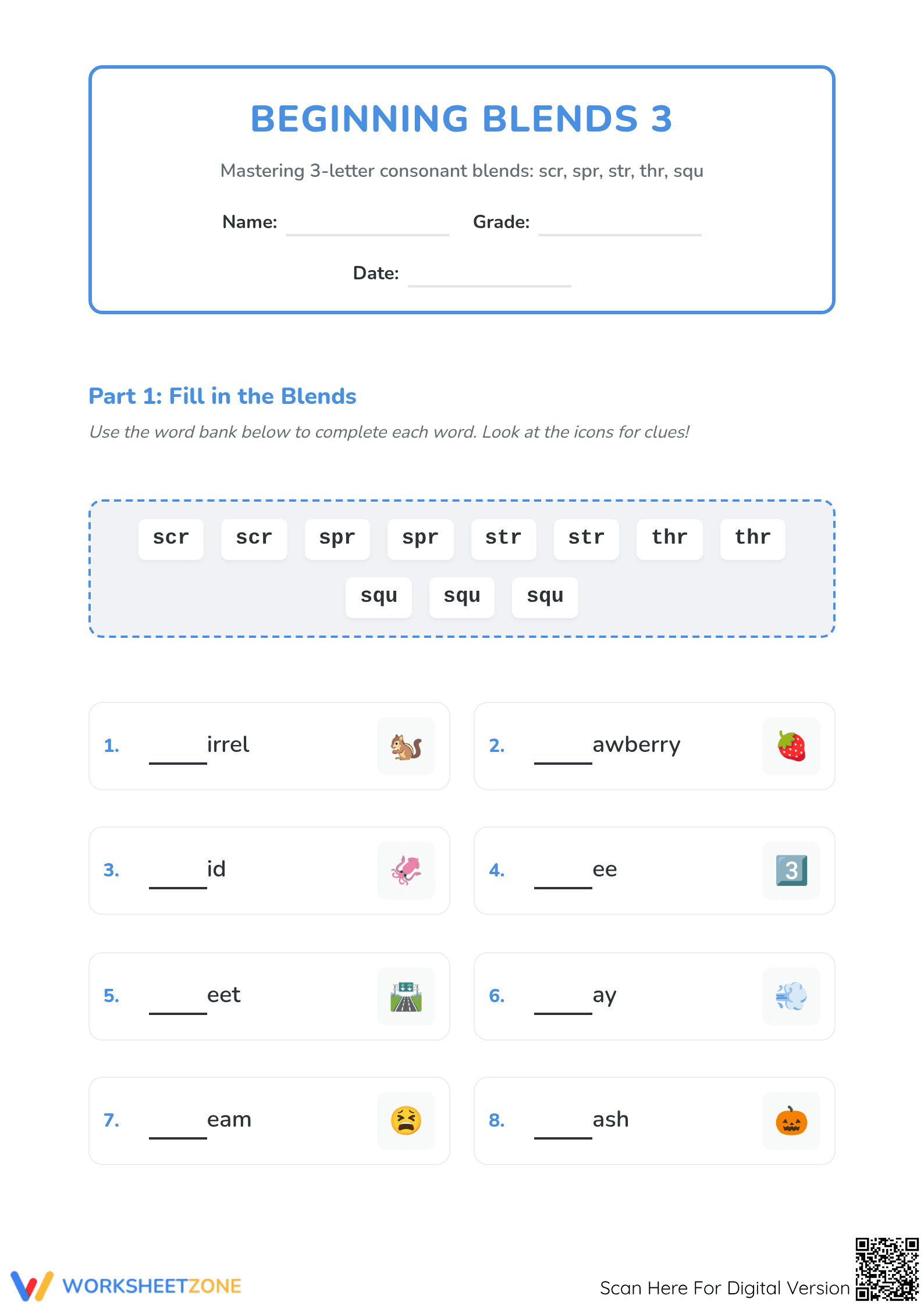 3-Letter Consonant Blends Worksheet | Grade 3 Essential - Page 1