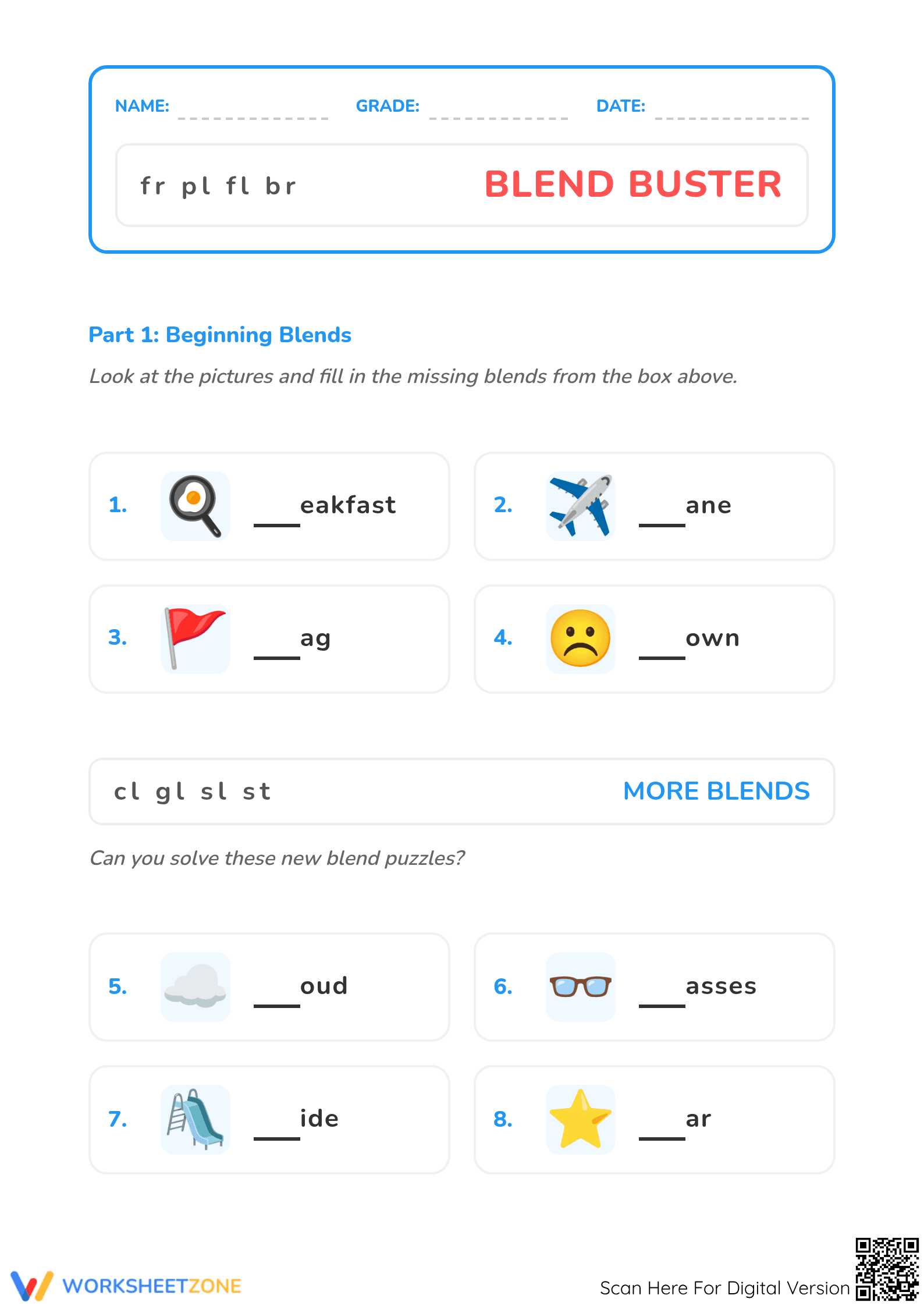 Beginning Blends Worksheet | Grade 1 ELA Printable - Page 1