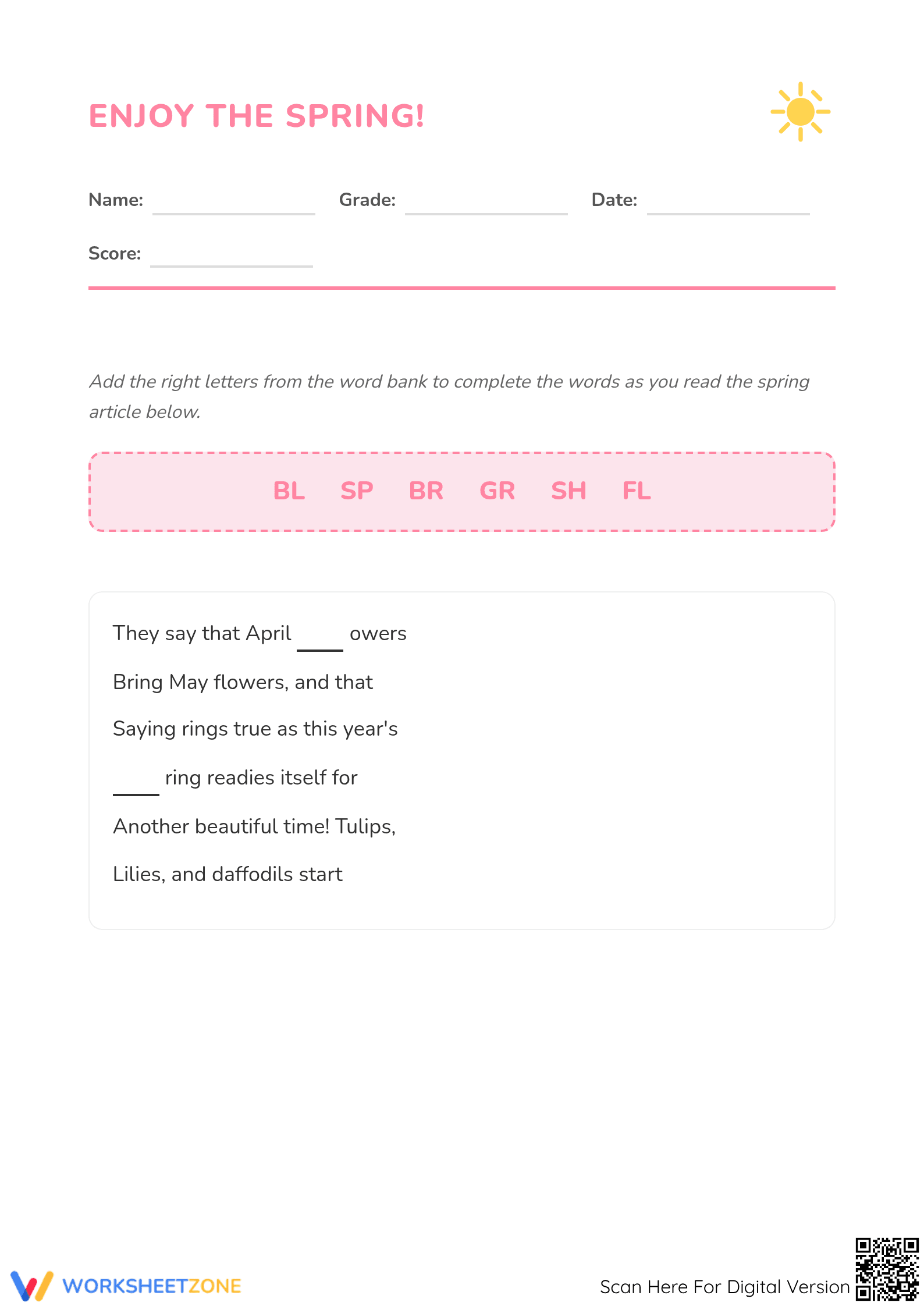 Spring Consonant Blends Worksheet | Grade 3-4 Essential - Page 1