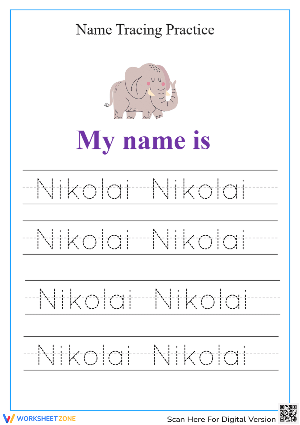 Printable Name Tracing Practice : Nikolai - Page 1
