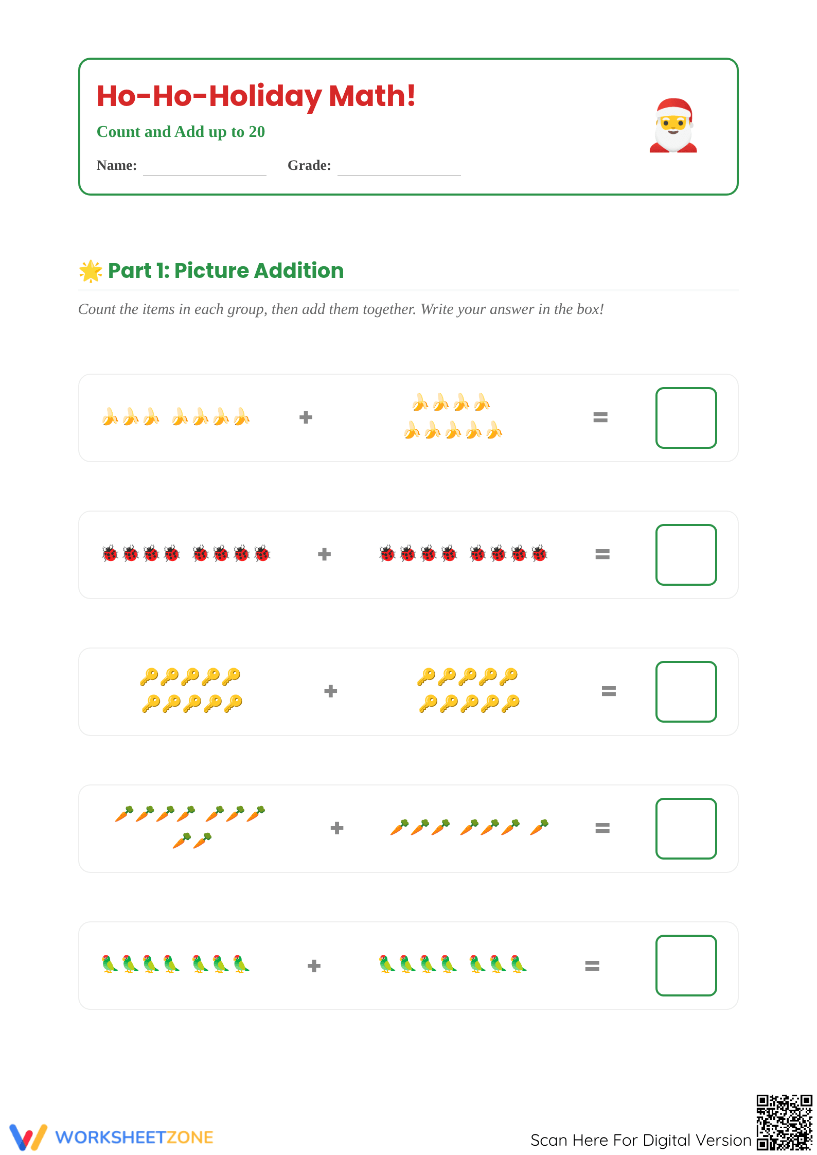 Printable Christmas Math: Count and Add to 20 Worksheet - Page 1