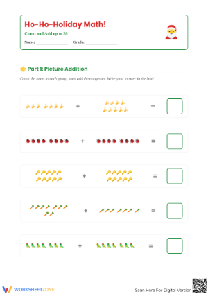 Printable Christmas Math: Count and Add to 20 Worksheet