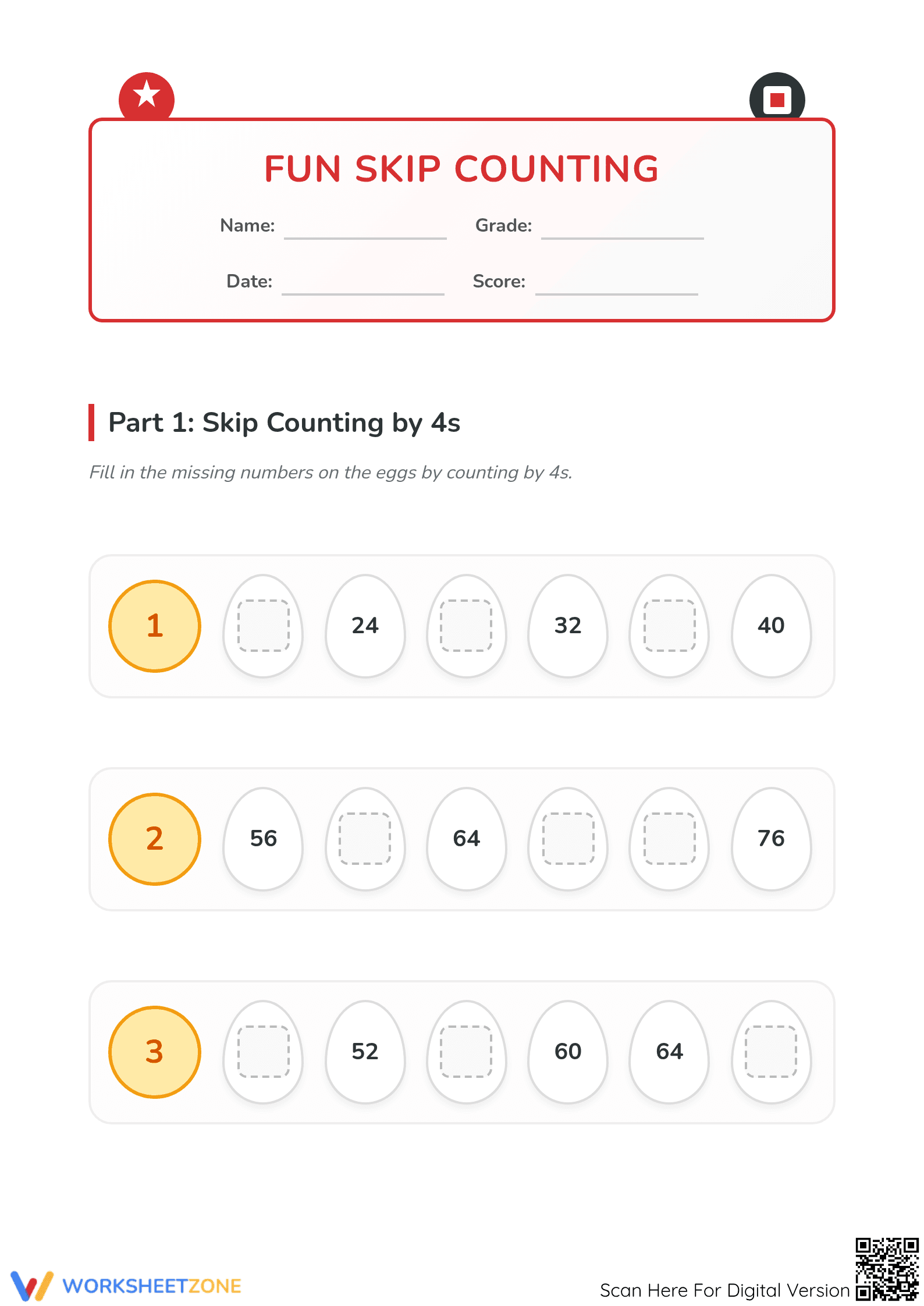 Skip Counting by 4s, 5s, 10s | Grade 1 Printable Worksheet - Page 1