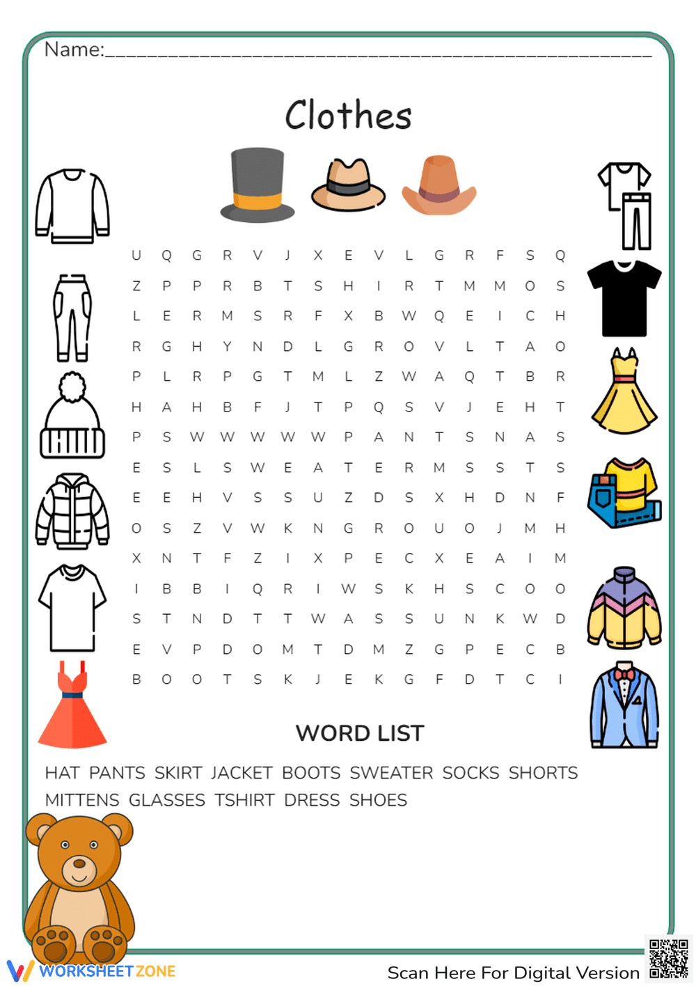 Clothes Word Search Puzzle Worksheet - Page 1