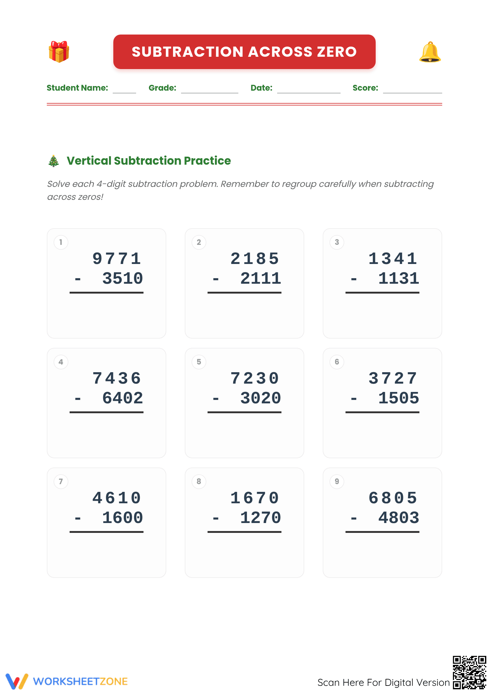 Subtraction Across Zero Worksheet | Grade 4 Printable - Page 1