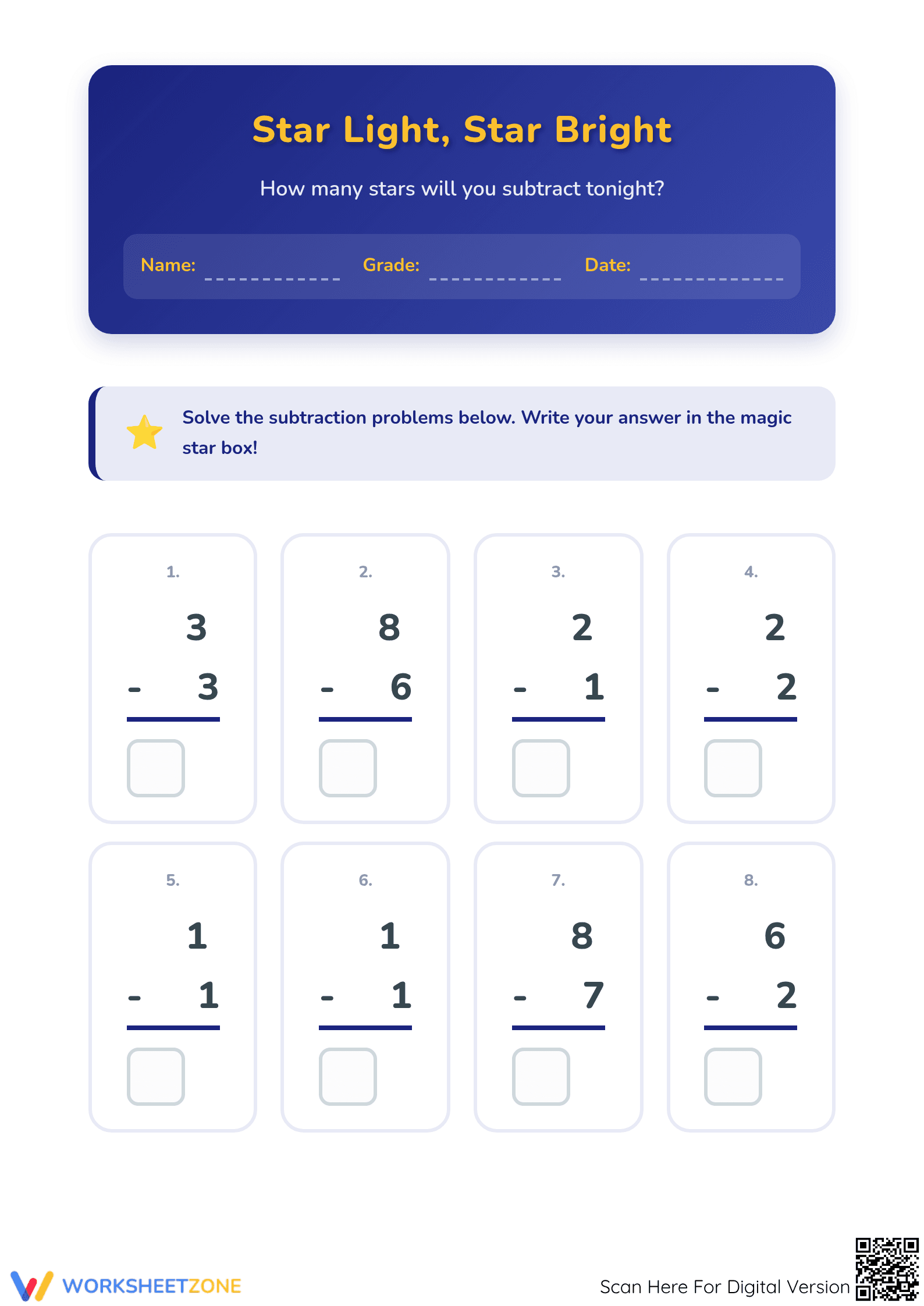Grade 1 Subtraction with Stars — Printable No-Prep Worksheet - Page 1