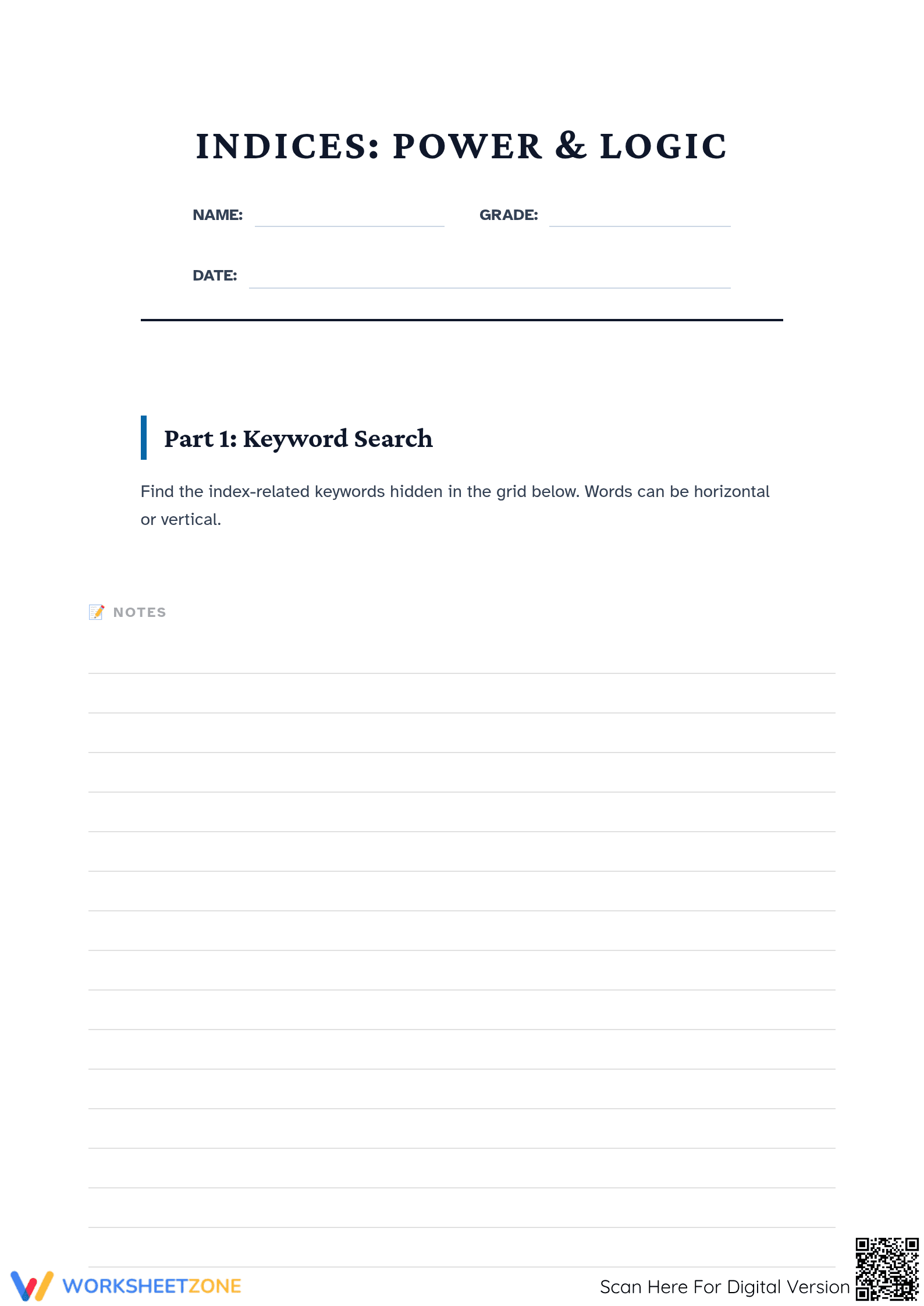 Printable Indices and Exponents Worksheet | Grade 7 Math - Page 1