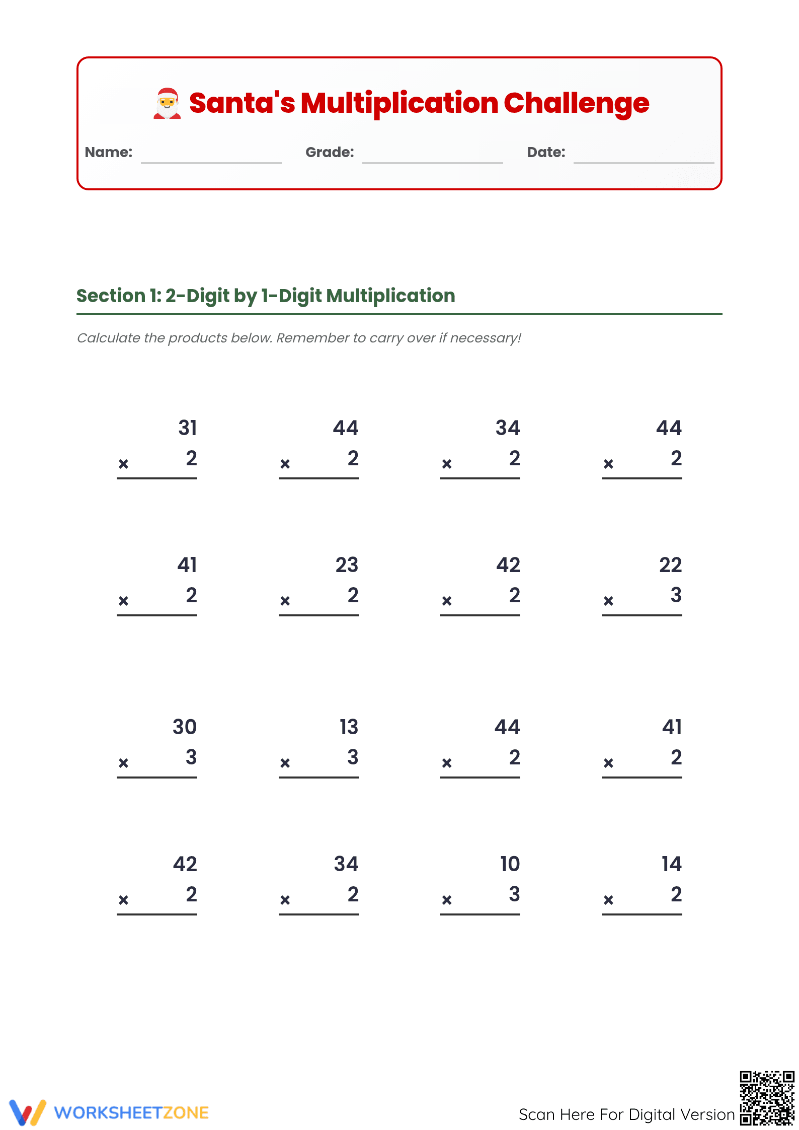 Printable Santa's Multiplication Challenge: Grade 4 Math - Page 1