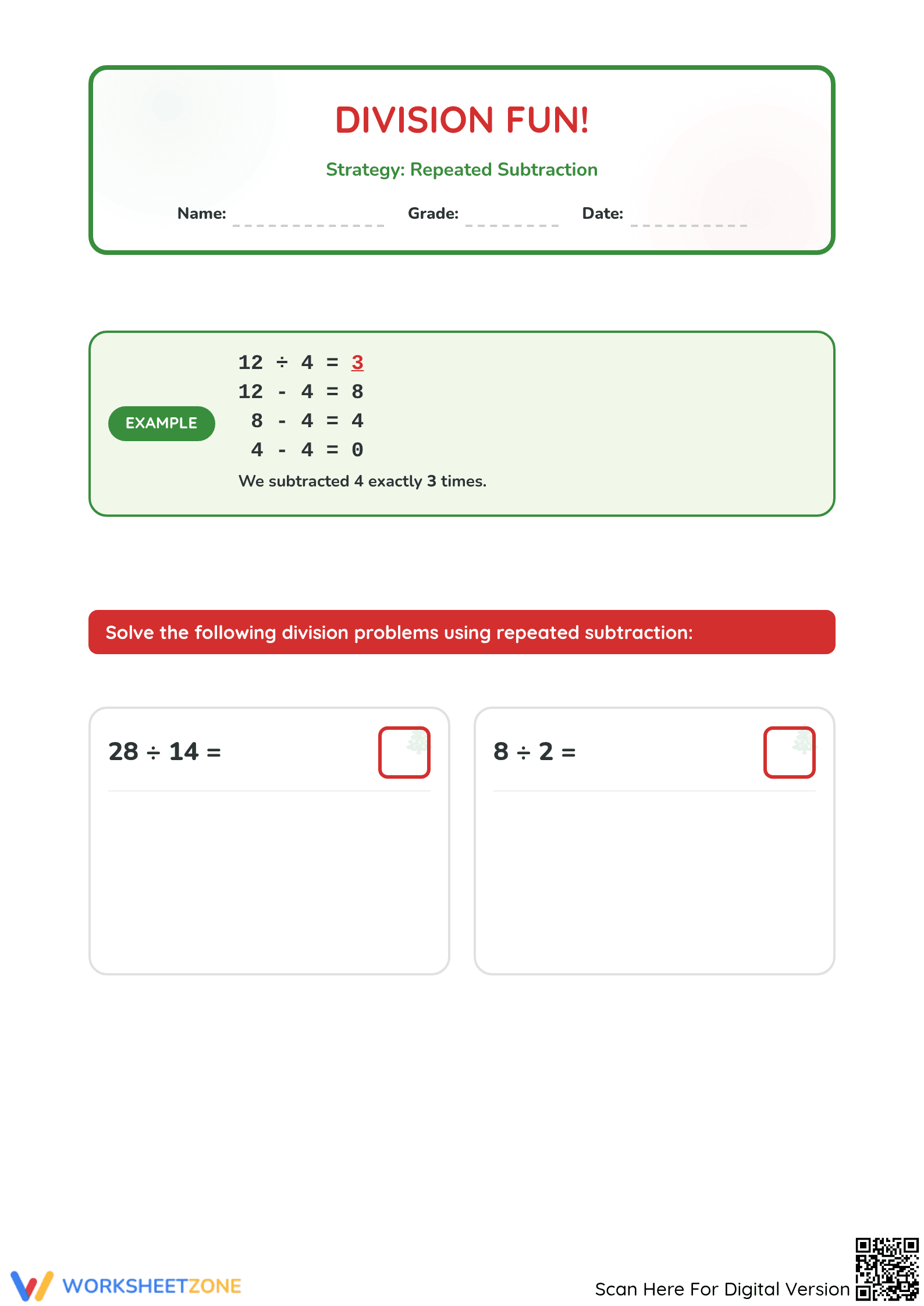 Grade 3 Christmas Division — Printable No-Prep Worksheet - Page 1