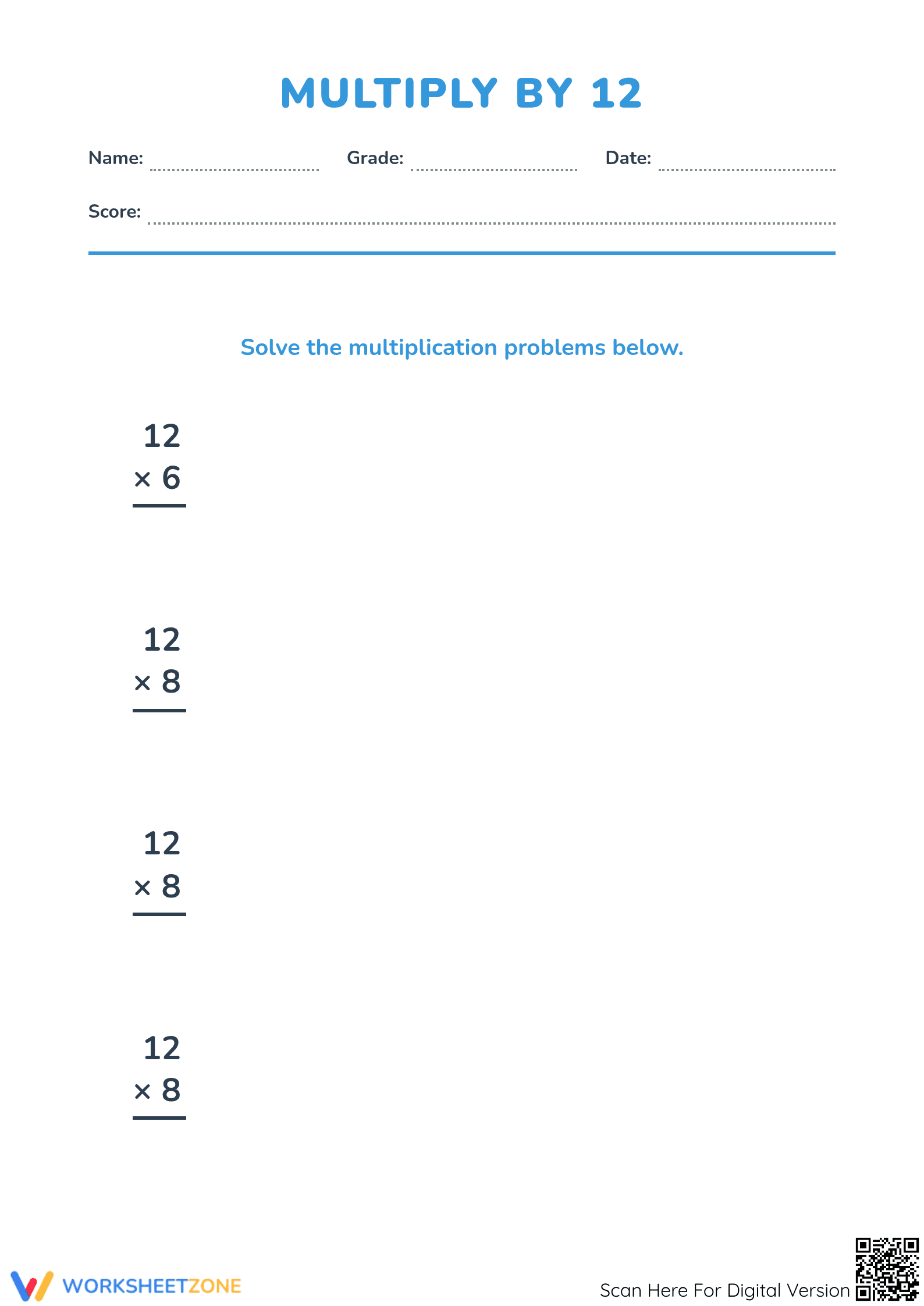 Multiply By 12 Printable Worksheet | Grade 3-4 Math - Page 1